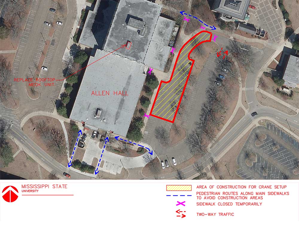 Construction affecting Allen Hall sidewalk, parking this week